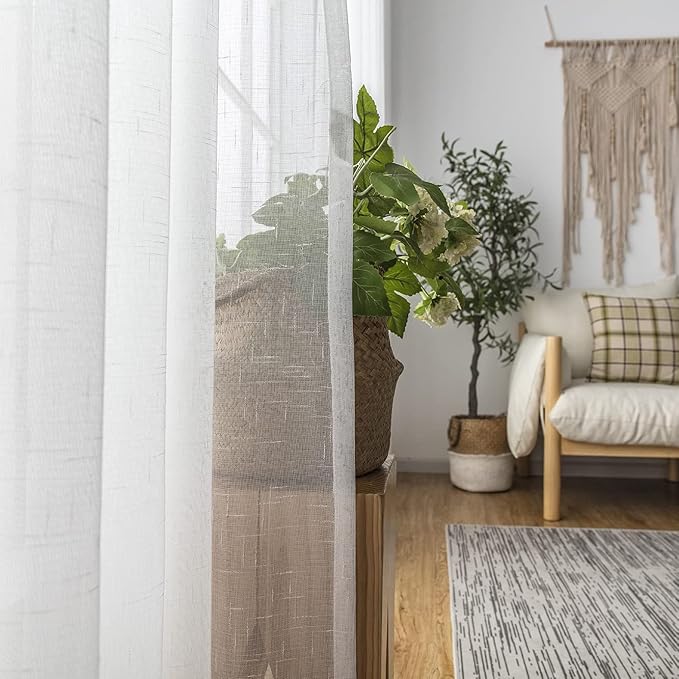 Off White Sheer Curtains 96 Inches Long 2 Panels, Thin Textured Linen Look Drapes for Living Room, Rustic Ivory See Through Window Decor, DIY Pinch Pleat Sliding Glass Door Curtain