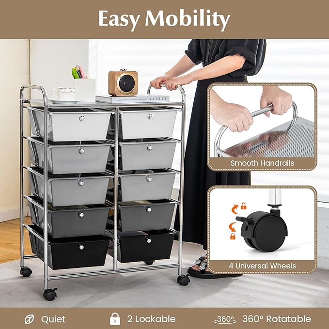 RELAX4LIFE Rolling Storage Cart with 10 Drawers - Craft Storage Cart with Lockable Wheels,Utility Cart, Art Cart Organizer for Crafting Storage, Office, School Rolling Drawer Cart (Gradient Black)