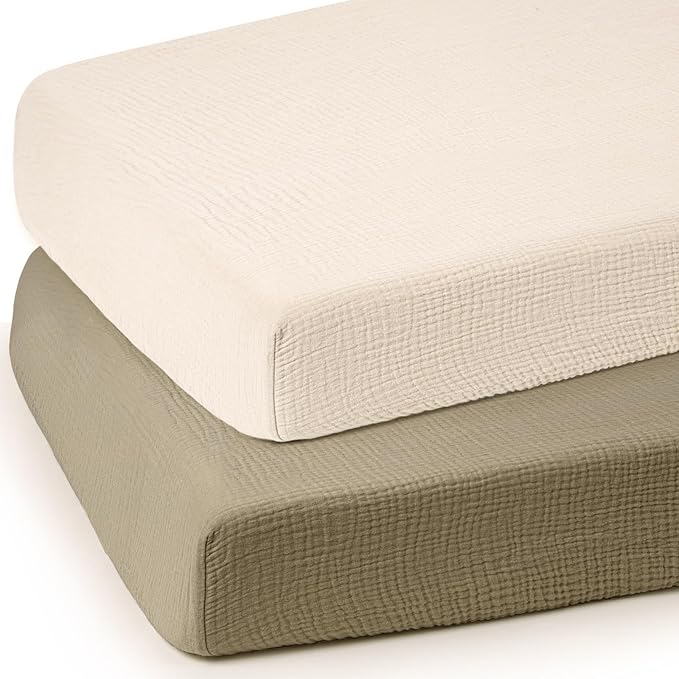 lulumoon Mini Crib Sheets Muslin: Soft Cotton Fitted Mini Crib Mattress Sheets for Boys and Girls 2Pack