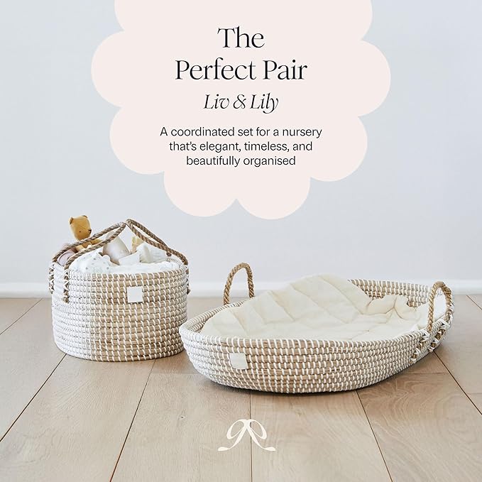 BEBE BASK Premium Baby Changing Basket - Artisan-Crafted Seagrass - Rope Handles - Changing Basket for Baby Dresser - All Accessories Included - Complete Set for Nursery (Natural)