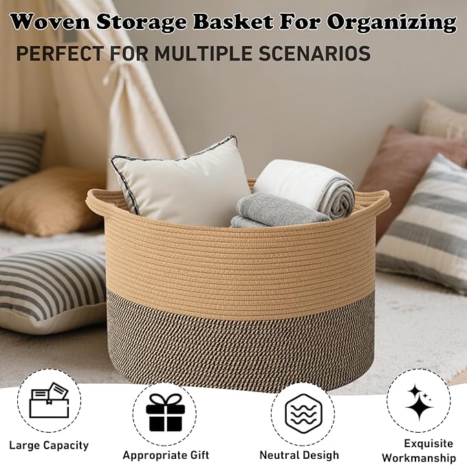 Large Blanket Basket for Organizing,115L Closet Organizers and Storage Bins Box for Shelves Woven Rope Storage Baskets,Living Room,Bedroom,Dorm,Laundry room (Jute&Black)