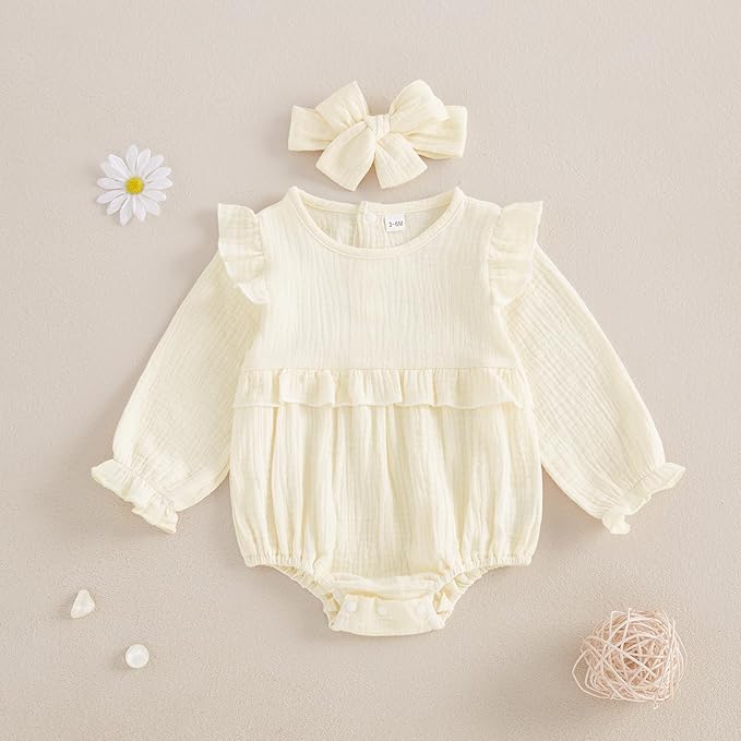 Newborn Infant Baby Girl Clothes Cotton Linen Long Sleeve Smocked Bubble Romper Ruffle Bodysuit Jumpsuit Fall Outfit