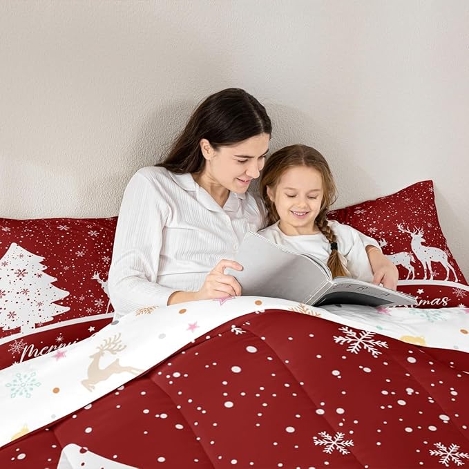 Merry Christmas Kids Comforter Set Twin Size,Deer Elk Pine Trees Bedding,Girls Boys Adults Bedroom/Xmas Cabin Decor,Snowflake Romantic Down Comforter,Rustic New Year Red Duvet Insert,1 Pillowcase