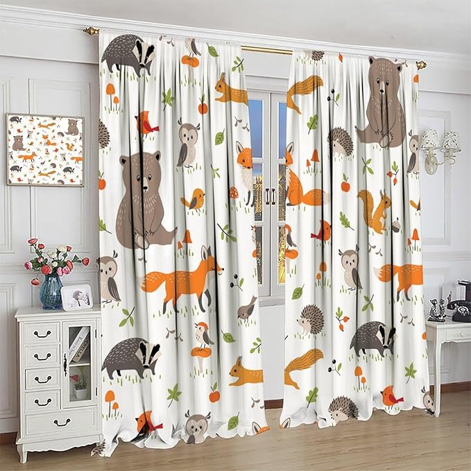 Forest Animal Curtains for Kids, Cartoon Safari Woodland Animals Window Treatments Cute Wild Jungle Bear Fox Deer Bear Window Drapes for Girls Boys Nursery Toddler Bedroom 84x84in