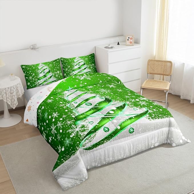 Feelyou Merry Christmas Comforter Set All Season Christmas Tree Bedding Set with 2 Pillow Cases Snowflake Microfiber Kids Full Bedclothes Winter Bedroom Decor Duvet Quilt Breathable Soft