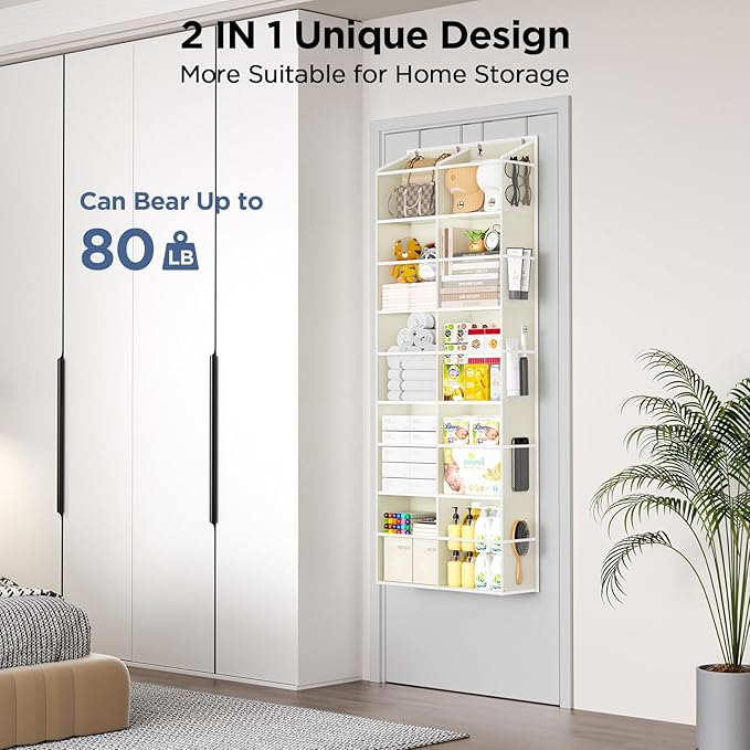 5-Tier Over The Door Organizer with 10 Side Mesh Pockets & Clear Windows, 80 lb Weight Capacity Hanging Storage for Bathroom, Bedroom, Nursery, Kitchen, Organizer Toys (Beige Clear wind 2 Pack)