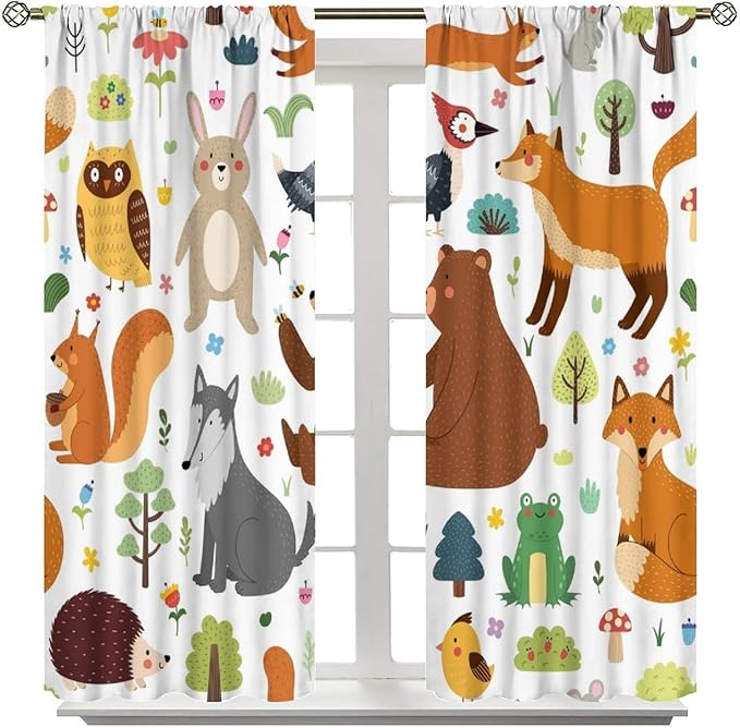 Kids Safari Animals Curtains, Baby Boy Girl Rustic Woodland Printed Cartoon Forest Window Treatments for Bedroom Living Room Nursery 2 Panels Sets, 42x45 Inch