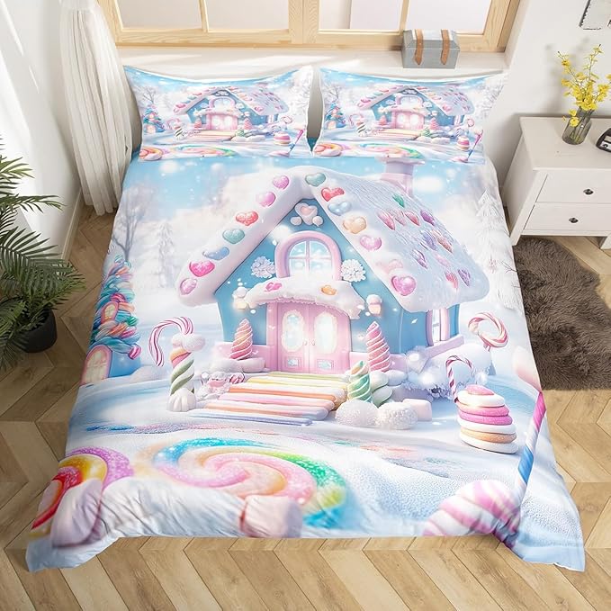 Manfei Christmas Kids Duvet Cover Set Queen Size, Cute Candy Cabin Xmas Bedding Set for Boys Girls Room Decor, New Year Winter Comforter Cover, Soft Polyester Quilt Cover, 2 Pillowcases, No Comforter