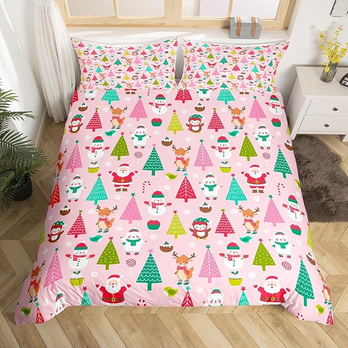 Christmas Bedding Set for Kids Boys Girls Cute Santa Claus Deer Comforter Cover Set Pink Christmas Tree Duvet Cover Bedroom Decor Kawaii Xmas Theme Bedspread Cover Toddler Size Bedding Collection 2Pcs