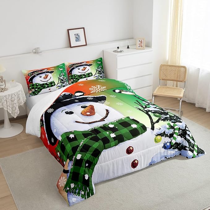 Feelyou Kids Christmas Theme Decorations Bedding Set Xmas Snowman Comforter Set for Boys Girls Snowflake Kawaii Cute Comforter Orange Red Green Quilt Set Bedroom Collection Queen Size