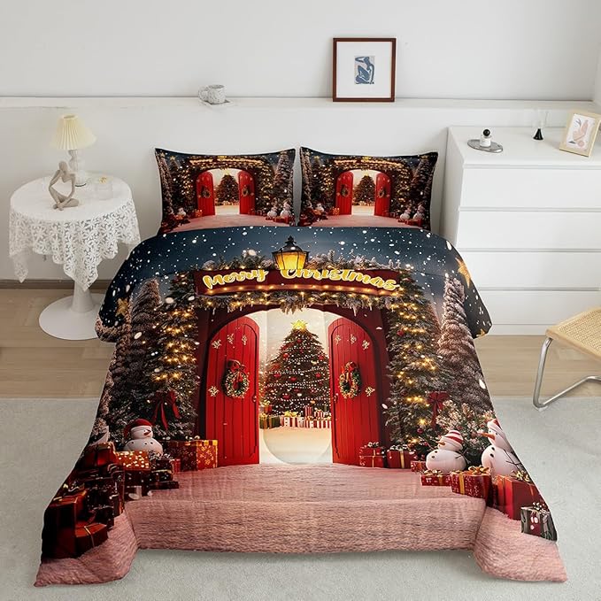 Feelyou Merry Christmas Bedding Set for Kids Boys Girls Twin Size Christmas Tree and Snowman Comforter Set Ultra Soft Comforter Snowflake Duvet Quilt Bedroom Decor Decorations Quilt