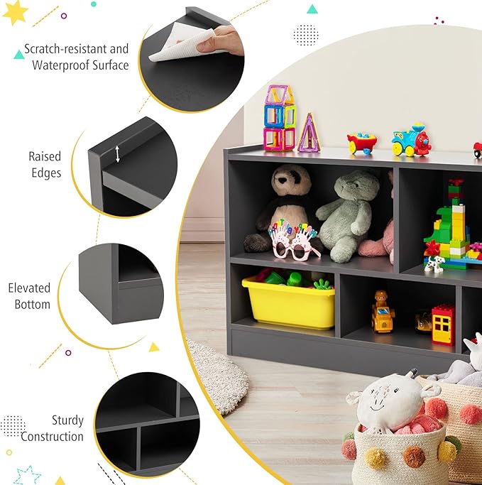 Costzon Toy Storage Organizer for Kids, 5-Section School Classroom Storage for Organizing Books Toys, Wooden Kids Bookshelf Daycare Furniture for Preschool, Playroom, Nursery, Kindergarten (Dark Gray)