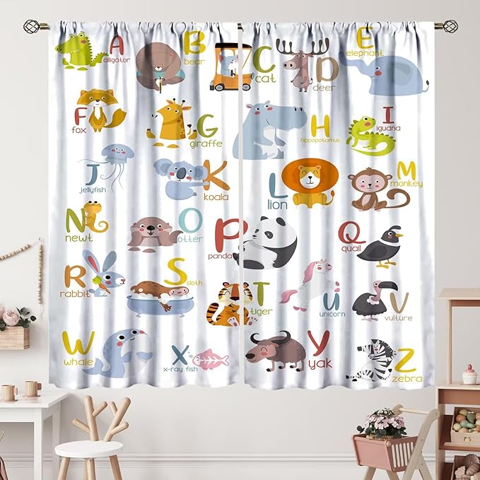Kids Alphabet Curtains Funny Cartoon Educational Learning Cute Animal Zebra Curtain with Rod Pocket for Bedroom Living Room Decor Drapes Window Treatments 2 Panels Set 63" W X 63" L