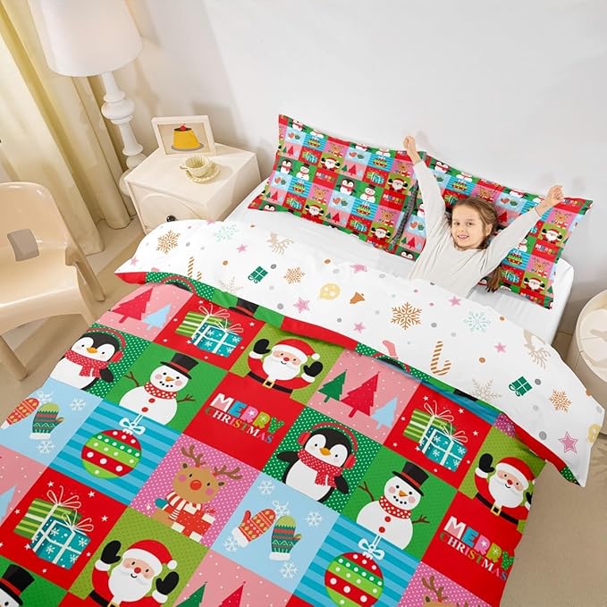 Christmas Bedding Set for Kids Boys Girls Santa Claus Christmas Tree Comforter Cover Set Colorful Geometric Grid Duvet Cover Bedroom Decor Xmas Theme Bedspread Cover King Size Bedding Collection 3Pcs