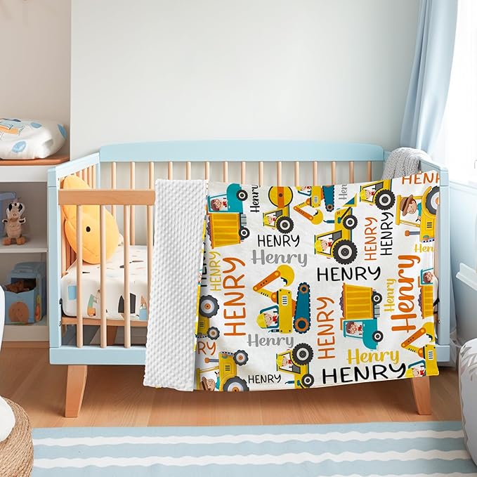 Personalized Baby Blankets for Boys, Custom Name Blanket Birthday Gift for Kid, Soft Flannel Blanket with Dotted Backing for Infants Toddlers, Customized Gifts, Yellow Truck(60" x80)
