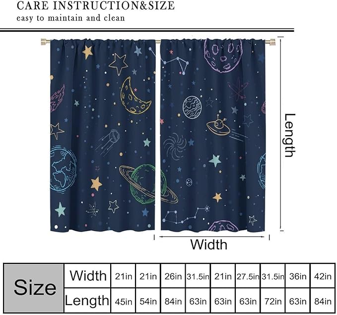 Navy Blue Space Curtains, Cartoon Outer Space Stars Planets Theme Galaxy Curtains for Kids Teens Bedroom Nursery Toddlers Room 72" W X 63" L