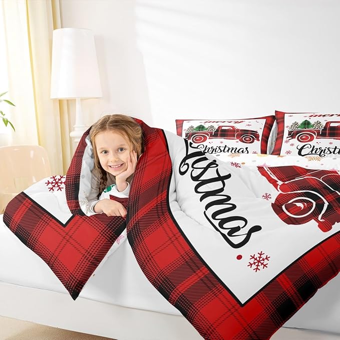 Manfei Xmas Truck Comforter Set Twin Size, Christmas Tree Snowflake Print Bedding Set 2pcs for Kids Boys Girls Bedroom Decor, New Year Theme Red Plaid Print Quilt Set with 1 Pillowcase