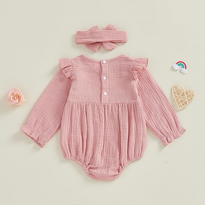 Newborn Infant Baby Girl Clothes Cotton Linen Long Sleeve Smocked Bubble Romper Ruffle Bodysuit Jumpsuit Fall Outfit