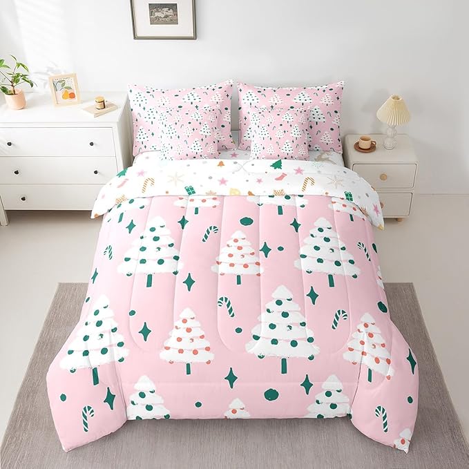 Feelyou Christmas Girly Comforter Set with Sheets Kids Christmas Tree Bedding Set Boys Girls Snowflake Candy Decor Bed in a Bag Xmas Theme Pink Bed Set Bedroom King Size