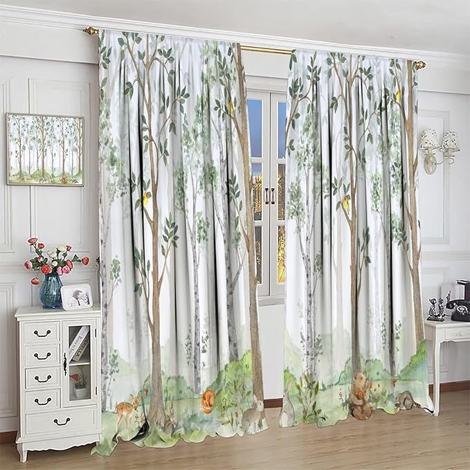 Kids Animal Curtains, Watercolor Natural Forest Animal Hedgehog Fox Butterfly Rabbits Forest Print Curtain Boys and Girl Bedrooms 63x63in