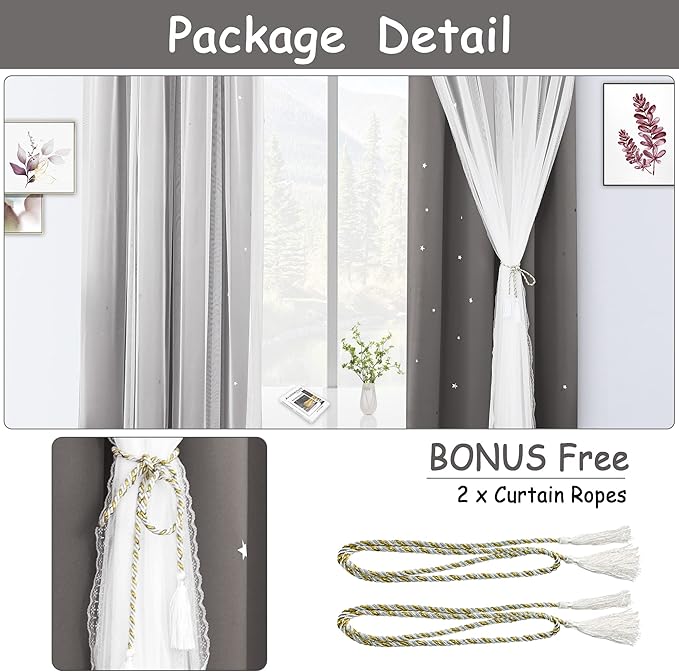 Kinryb Blackout Curtains for Girl Bedroom/Living Room/Classroom, Sheer Overlay Small 2 Panel Set, Double Layer Curtains with Star Cutout for Kids Room(W 52 x L 45 Inches,Grey 2 Pcs)