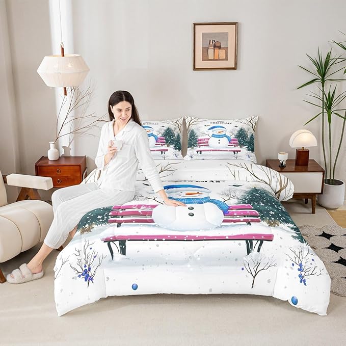 Feelyou Merry Christmas Bedding Set Soft for Boys Girls, Cute Snowman Comforter Set Full Size Snowflake Duvet Quilt Microfiber Christmas Tree Bedroom Decor 3 Pcs with 2 Pillow Cases