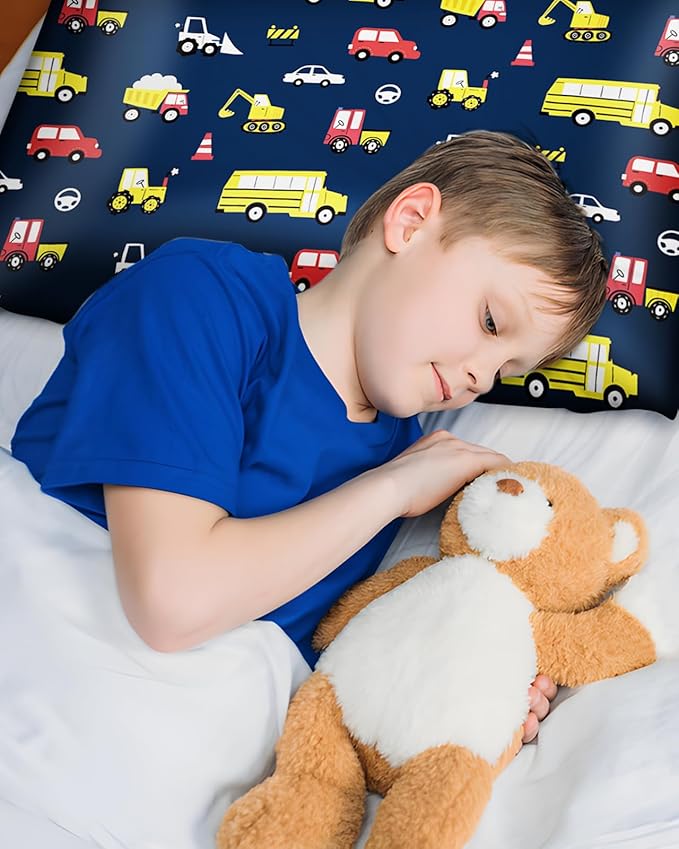 Silk Pillowcase for Kids - 30 x 20 Inches Queen Size Mulberry Silk Pillow Case with Zipper Cute Cartoon Kawaii Teens Girls Boys Pillowcase for Hair and Skin, Red Yellow Car