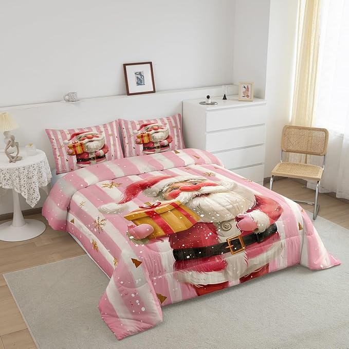 Cartoon Santa Claus Bedding Set Full Size,Merry Christmas Snowflake Comforter Set for Kids Boys Girls Room Decor,Red Pink Stripes Duvet Insert 3Pcs,Xmas Theme Microfiber Quilt Set,2 Pillowcases