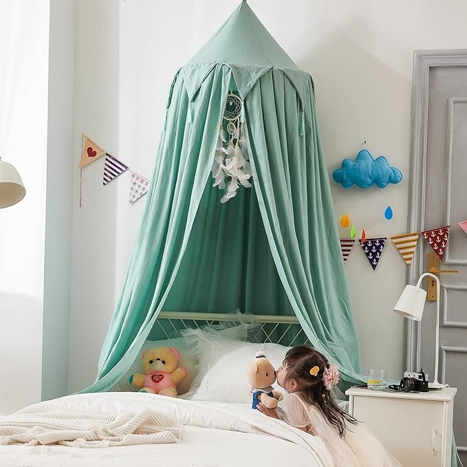Bed Canopy for Girls, Kids Bed Curtain Bed Room Decor Hanging House Castle Reading Nook Dream Tent Full Queen Size(Green)