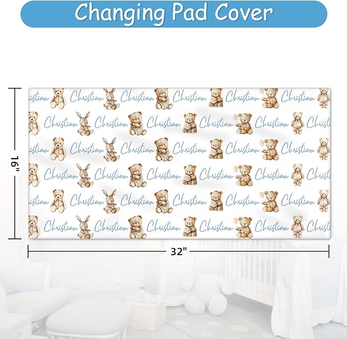 Custom Baby Crib Bedding Set for Boys Girls, 5 Pcs Personalized Blue Bear Baby Crib Sets with Name, Nursery Bedding Set, Double Layer Blanket, Newborn, Infants & Toddlers Customized Gifts