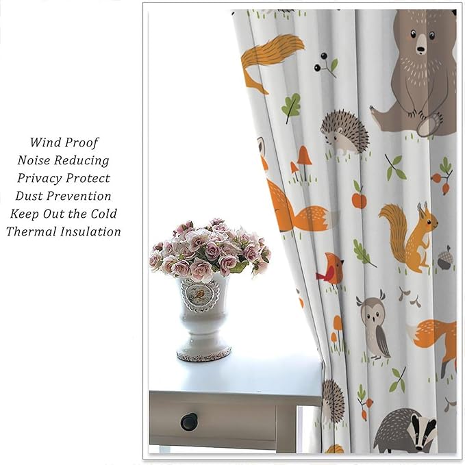 Forest Animal Curtains for Kids, Cartoon Safari Woodland Animals Window Treatments Cute Wild Jungle Bear Fox Deer Bear Window Drapes for Girls Boys Nursery Toddler Bedroom 42x63in