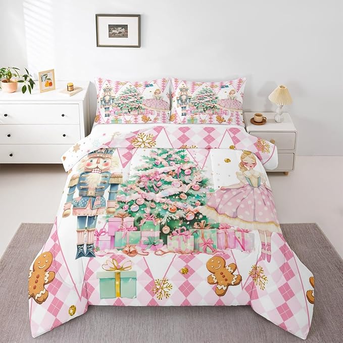 jejeloiu Christmas Nutcracker Comforter Set Toddler Size Gingerbread Man Bedding Set for Kids Boys Girls Xmas Tree Duvet Quilt White Pink Bedroom Decor
