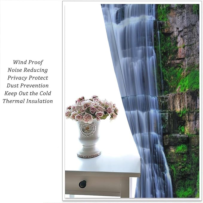 Nature Scenery Waterfall Blackout Curtains, Forest Waterfall Landscape Green Jungle Stone Falls Print Pattern Rod Pocket Window Drapes, for Bedroom Living Room 52" W X 84" L