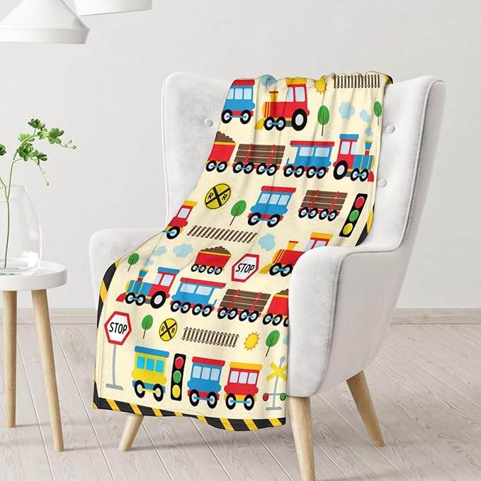 Train Throw Blanket Gift for Boys - 30" x 40" Inches Lightweight Warm Throw for Lap, Couch, Office - Yellow Cute Blanket for Girls Kids