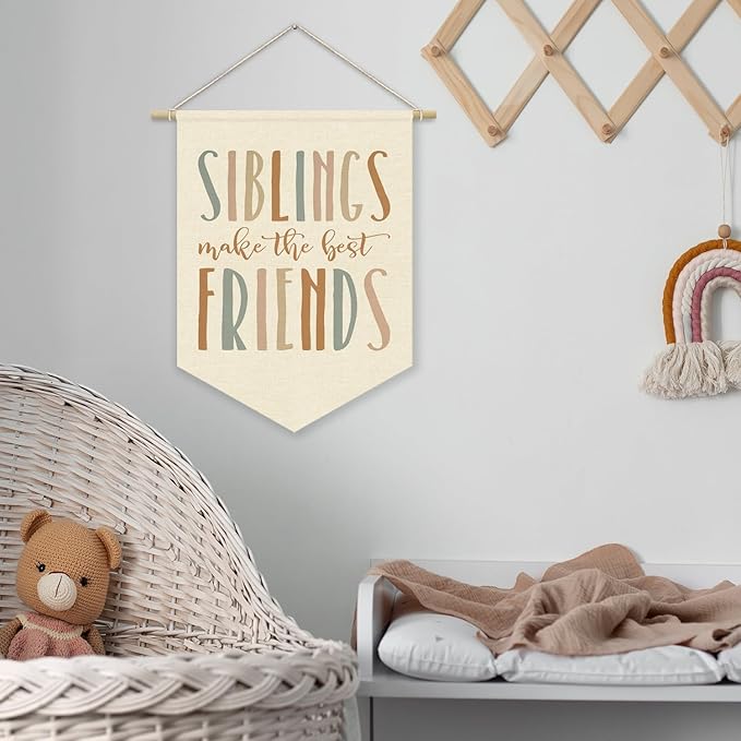 Kids Room Decor, Siblings Make the Best Friends Linen Canvas Banner, Kids Playroom Wall Hanging Pennant Flag Banner for Boys Girls Nursery Toddler Bedroom Play Room Decor, 15x11in