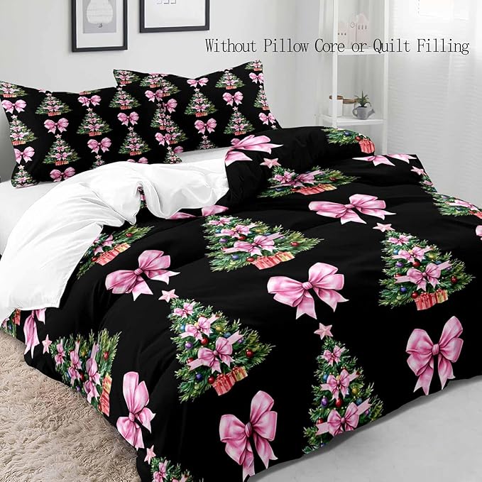 LUVIVIHOME 3PCS Christmas Tree Pink Bow Duvet Cover Full Bedding Set, Teen Girl Bedding, Black Duvet Cover, Bowknot Xmas Tree Winter Holiday Festival Coquette Christmas Comforter Cover, 2 Pillow Cases