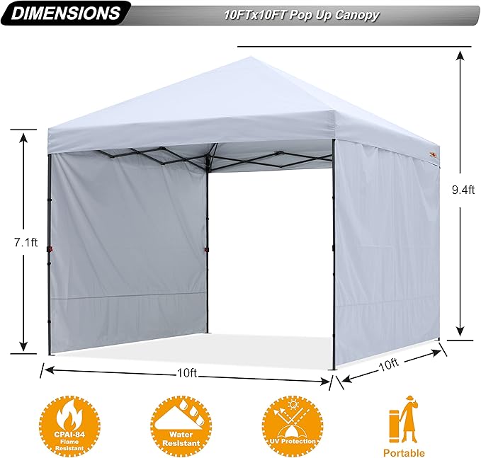 ABCCANOPY Pop up Canopy Tent with 2 Sidewalls for Outdoor Sun Blocking or Rain Protection,10x10, White