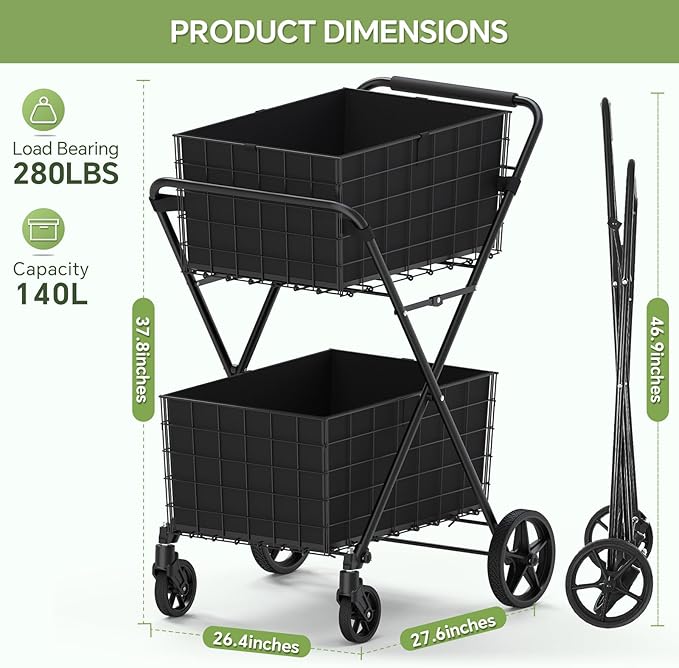 JIALIJIU 2-Tier Shopping Cart for Groceries, Folding Grocery Cart with 360° Rolling Wheels, Heavy Duty Utility Carts with 2 Waterproof Liners, Multi-Functional Trolley for Laundry, Household, Black