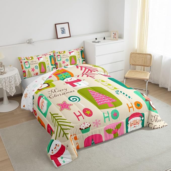 Erosebridal Xmas Decor Quilts Kids Santa Claus Christmas Tree Comforter Set Boys Girls Bedroom, Cartoon Snowflake Bedding Set Cute Snowman Down Comforter Toddler Size
