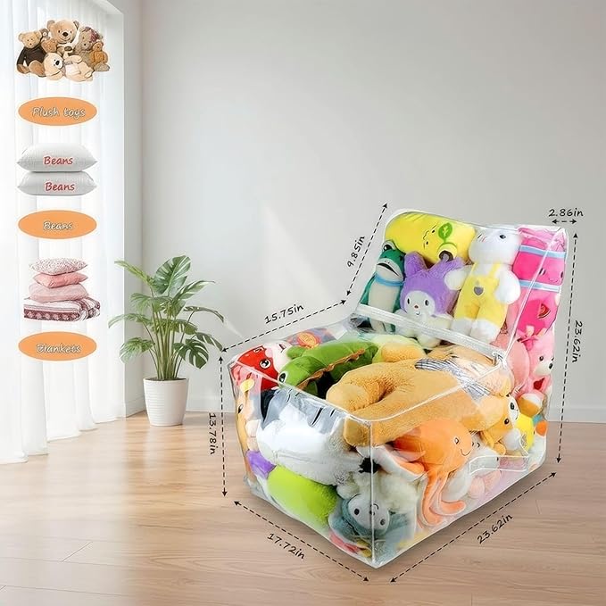 Clear Stuffed Animal Storage Bean Bag Chair Cover - Extra Large 150L, Waterproof & Easy-Clean Toy Organizer with Plastic Window,forNursery, Bedroom, Playroom (Cover Only, No Filler) (B2pcs)