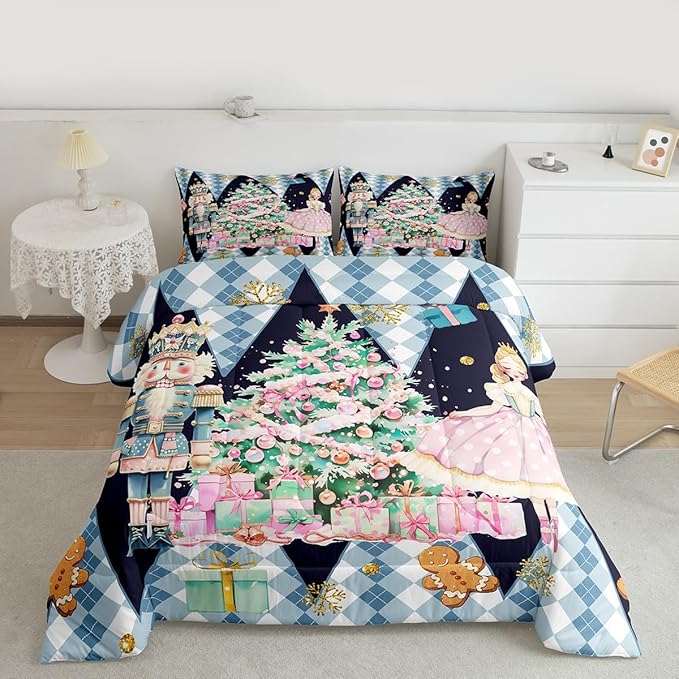 jejeloiu Christmas Nutcracker Comforter Set Full Size Gingerbread Man Bedding Set for Kids Boys Girls Xmas Tree Duvet Quilt Dark Blue Bedroom Decor
