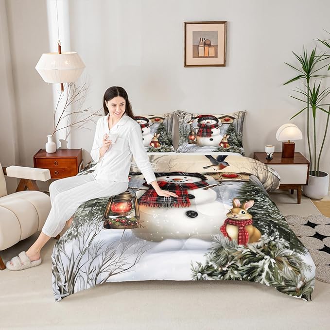 Kawaii Snowman Comforter Set Full Size,Rabbit Bird Winter Poinsettia Kids Bedding Set,Pine Tree Xmas Animal Snowflake Quilt Comforter,Gray Green Duvet Insert,2 Pillowcases