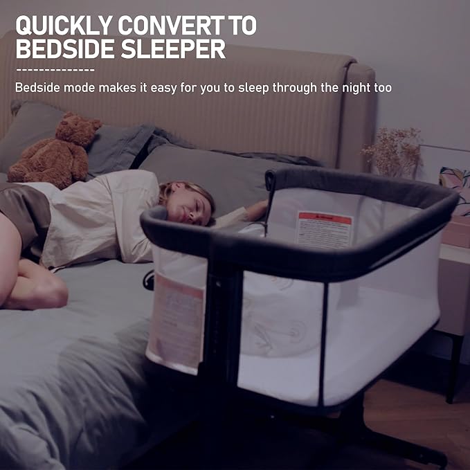 AMKE Baby Bassinet Bedside Sleeper, Portable Bassinet with Wheels, 6-Height Adjustable & Fold Down Side, Full Breathable Mesh Bedside Crib for Baby with Mattress Pad, Easy to Install, Dark Grey
