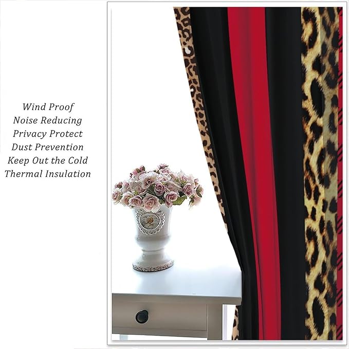 Leopard Skin Blackout Window Curtains, Brown Cheetah Red Black Plaid Stripe Print Window Drapes for Kids Boy Girls Bedroom Living Room 84" W X 84" L