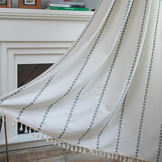 Deeprove Light Gray Boho Curtain 84 inches Long for Bedroom, Vintage Privacy Bohemian Embroidery Farmhouse Cotton Striped Linen French Country Tassel Window Treatments Decor, W52 x L84, 1 Panel