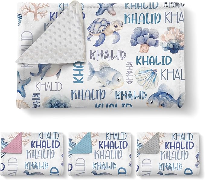 Personalized Baby Blanket with Name, Customized Blanket for Newborn Boys Girls, Ocean Animals Flannel Baby Name Blanket with Dotted Backing, Receiving Swaddle, Gifts for New Parents(60" x80)