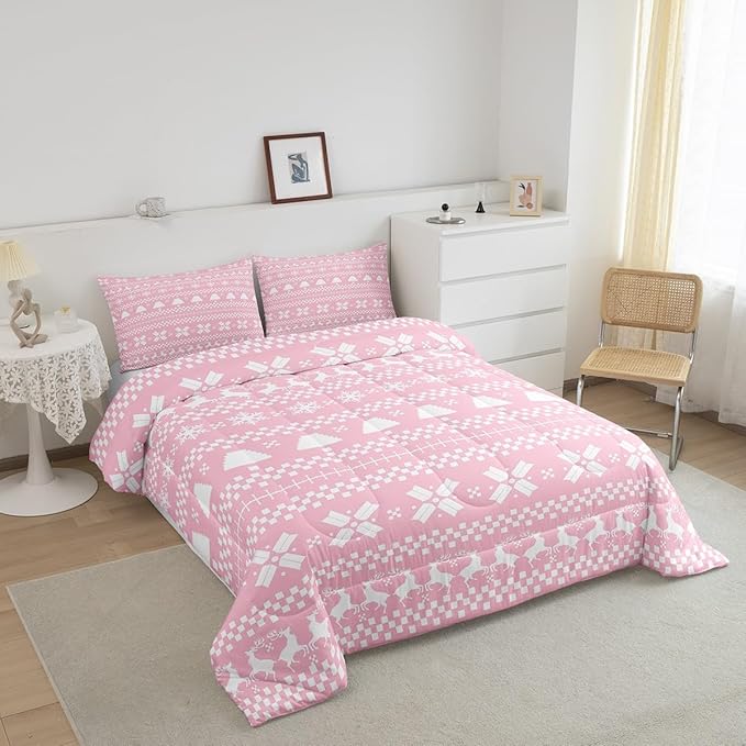 Feelyou Pink Christmas Bedding Set for Kids Boys Girls Full Size Xmas Deer Elk Decor Comforter Set Ultra Soft Winter Comforter Snowflake Duvet Quilt Bedroom Decor Christmas Ornaments Quilt