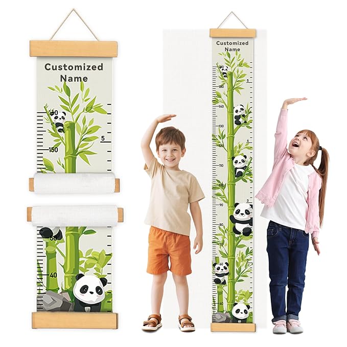 Personalized Name Height Chart for Kids, Kids Growth Chart for Wall, 59" X 7.9" Canvas Removable Height Chart Measuring Ruler for Kids & Baby(Painted Bamboo and Panda）