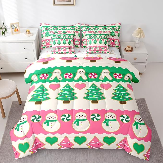 Feelyou Christmas Tree Bedding Set for Kids Boys Girls Cute Cartoon Gingerbread Man Bed in a Bag Snowman Bedding Set Decor Kawaii Xmas Theme Bed Set 7Pcs Queen Size