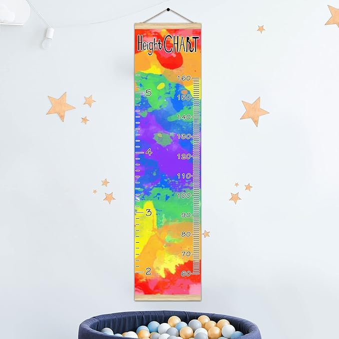 Kids Growth Chart Ruler for Wall Wood Frame Height Measure Chart 13.4x56 in Linen Hanging Height Growth Chart Watercolor Tie Dye Kids Room Decor